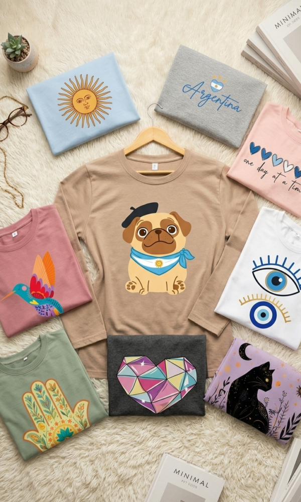 Variedad de remeras manga larga de algodón para dama González Funes con distintas estampas y colores.