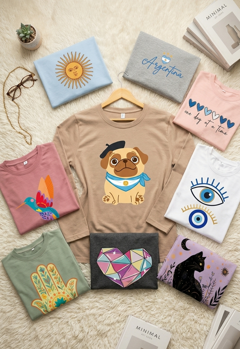Variedad de remeras manga larga de algodón para dama González Funes con distintas estampas y colores.